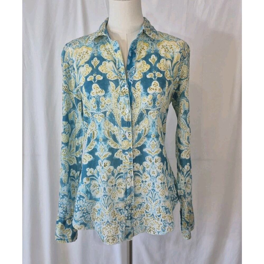 Cino Womens Blue Green Floral Button Down Blouse Top XS 100% Cotton